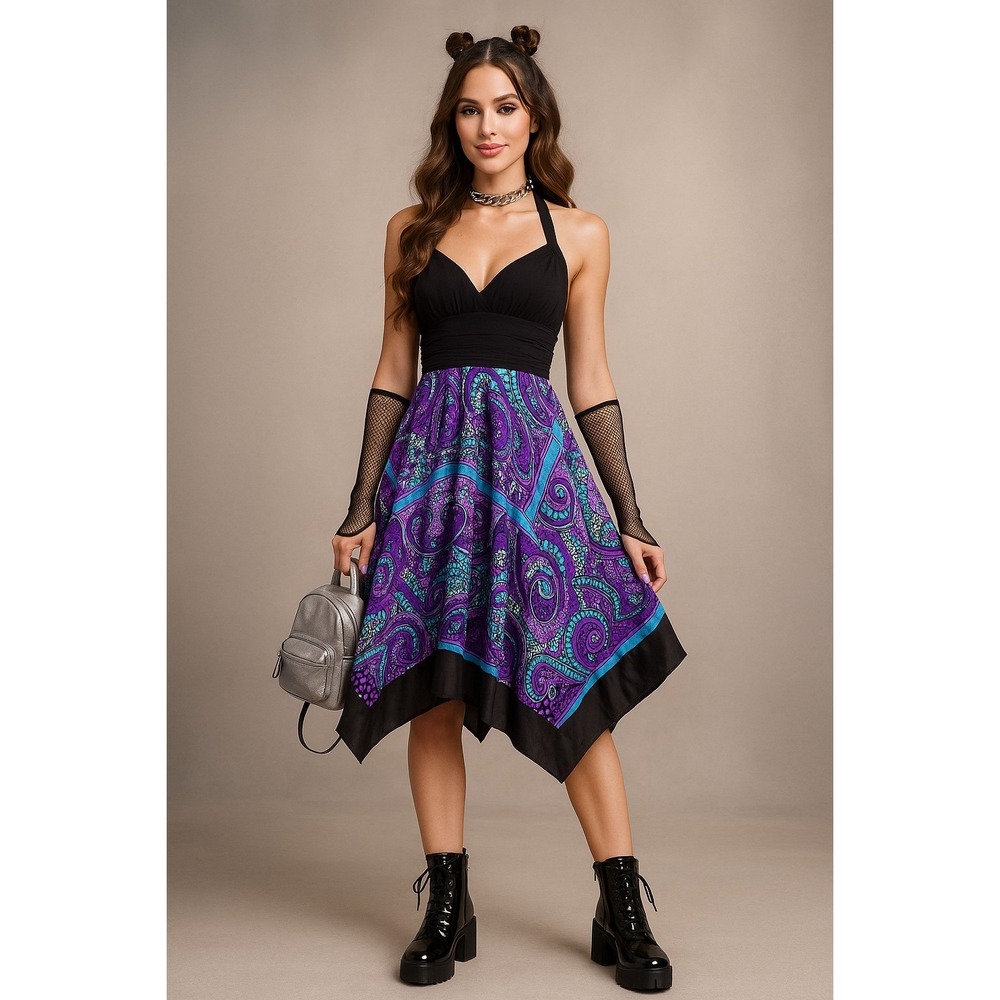 Y2K Sangria Dress Women 6 Purple Paisley Fairy Halter Handkerchief‎ Hem Coquette